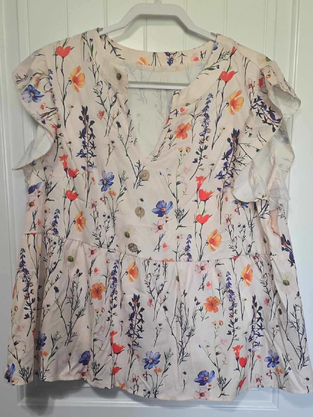SHEIN Floral Ruffle Sleeve Blouse in Cream with Blue, Orange & Red Flowers